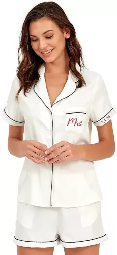 TEEAMORE Custom Embroidered Satin Pajamas Set Button Down Personalized Sleepwear Bride Bridesmaid Sleepwear Pjs Set