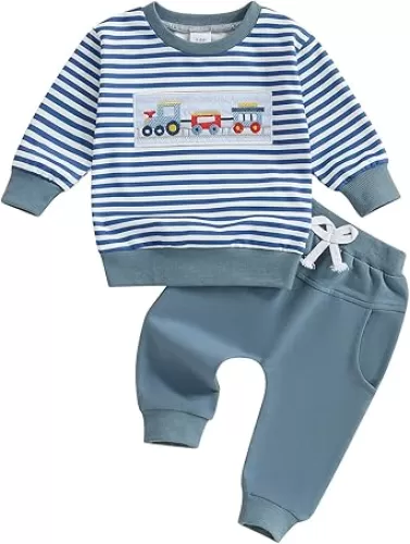 Toddler Baby Boy Clothes Infant Fall Winter Outfits Truck Embroidery Long Sleeve Crewneck Sweatshirts Pants 0-3T
