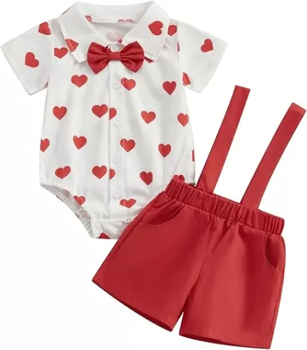 Toddler Baby Boy Valentines Dress Suit Kids Love Heart Gentleman Dress Shirt+Red Shorts Pant 2Pcs Tuxedo Outfits