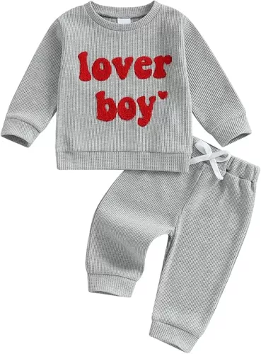 Toddler Baby Boy Valentines Outfit Love Embroidery Waffle Knit Sweatshirt Pants Set Cute Spring Fall Clothes