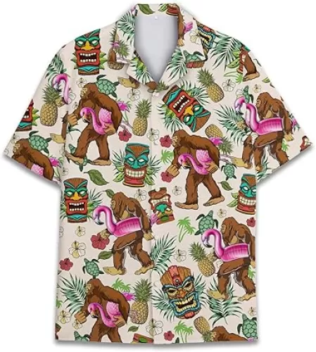 Tropical Bigfoot Hawaiian Shirts for Men Women, Bigfoot Sasquatch Summer Beach Aloha Button Down Short Sleeve