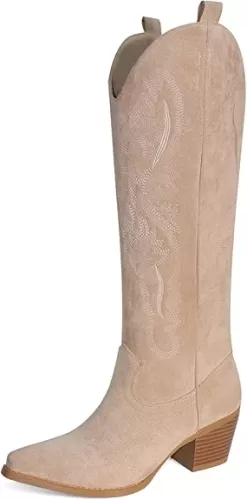 UBWDU Suede Cowboy Knee High Boots Women Pointed Toe Chunky Heel Embroidered Western Cowgirl Boots