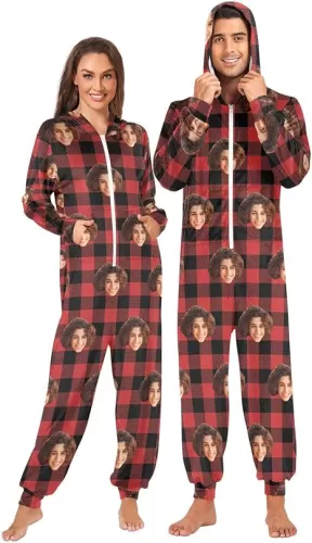 Unisex Adult Red Buffalo Check Plaid Onesie Pajamas with Pockets for Women Men S H020077