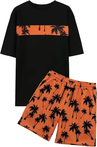 VahRuta Mens 2 Piece Outfits Graphic Printed Matching Shirt and Shorts Set with Pocket Drawstring