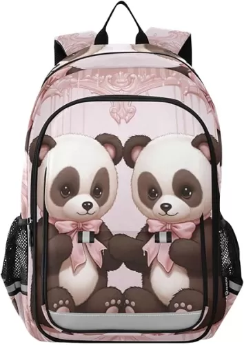 Valentine Panda Bears Hearts Bows School Backpack for Girls-Boys Elementary School Bookbag Daypack for Kids