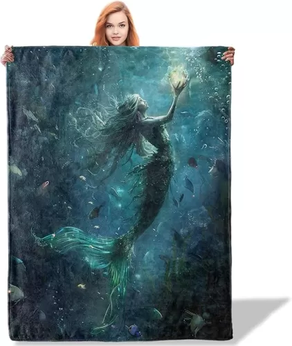 Vibrant Mermaid Throw Blanket 50"x60", Oceanic Fantasy Theme Blankets for Living Room Couch, Home Decor, Soft Flannel Mermaid Gifts for Adults and Women