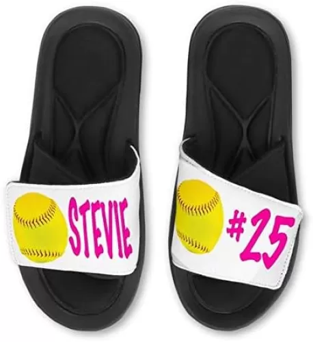 Violet Victoria & Fan Star Custom Personalized SOFTBALL FASTPITCH Slide Sandals - Add your Name or Team!