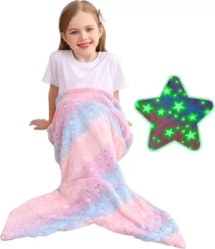 Viviland Kids Mermaid Tail Blanket - Mermaid Tail Blankets Glow in The Dark - Flannel Mermaid Blanket Gifts for Girls - Luminous Star Super Soft Tie Dye Girls Toys - Multicolor Star 17"×39"