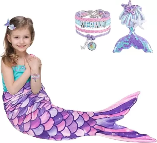 WERNNSAI Mermaid Tail Blanket - Wearable Mermaid Soft Blanket with Hairpin Bracelet Soft Purple Flannel Snuggle Blanket Gift for Girls Birthday Christmas