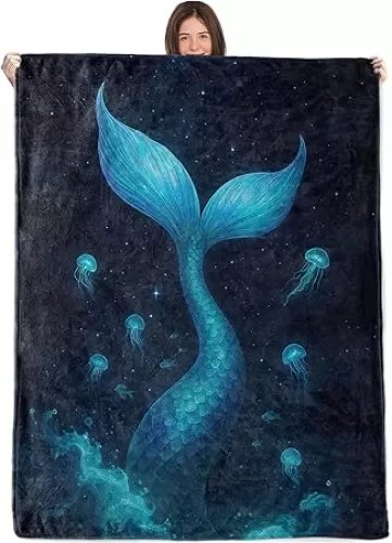 Wicked Mystical Mermaid Tail Blanket, 50x60in, Cozy Flannel Throw with Dreamy Ocean Night Jellyfish Star Design, Soft Lightweight Gifts Blankets for Kids, Sofa Bed Travel Living Room Decor