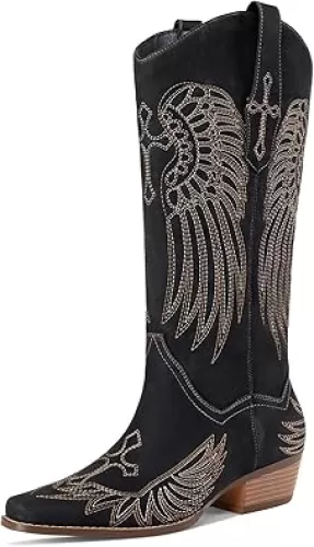 Womens Knee High Boots Cowboy Cowgirl Tall Western Boots Pull On Square Toe Low Chunky Heel Retro Dress Ladies Comfortable Embroidered Boot
