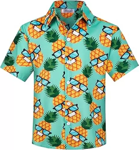 Yoimira Hawaiian Shirts for Boys, Button Down Short Sleeve Tropical Print, Kids Summer Beachwear Tops 7-14 Years