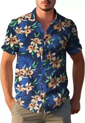 Yoimira Mens Hawaiian Shirts Short Sleeve, Print Mens Casual Button Down Floral Summer Beach Shirt