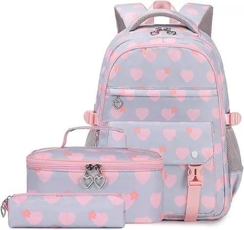 ZHANAO Girls Backpack Set Heart-print Kids School Bookbag for Teen Girls Cute Lightweight Schoolbag Set with Lunch Box