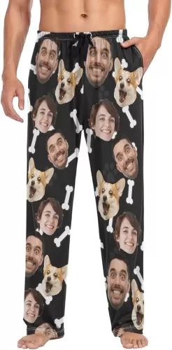 ZZKKO Custom Pajama Pants for Men Personalized Photo Pajama Pants with Dog Pet Face Cotton Pj Bottoms Gift for Him S-XXL