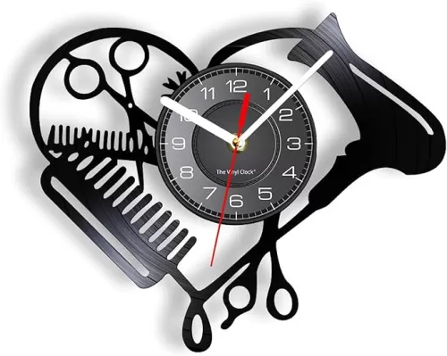 12 Inch-Wall Clock Barber Shop Tools Vinyl Record Wall Clock Beauty Hair Salon Heart Shape Dryer Scissor Comb Hairstylist Design Silent Clock Watch for Room Decoration