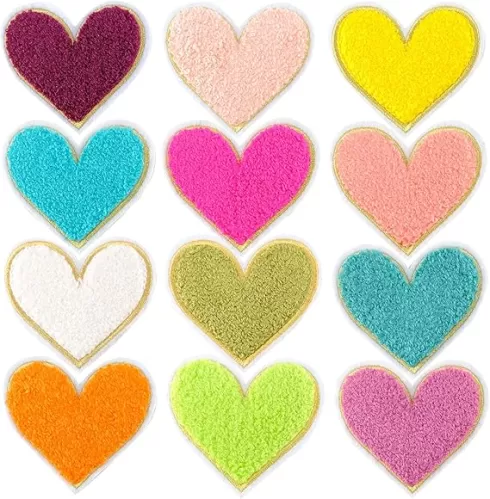12Pcs Colorful Love Heart Iron on Patches Chenille Decorative Sew on Embroidered Patches Appliques 2.75inch Heart DIY Arts Crafts Decoration Embroidered Patches for Clothing Jeans Caps Bags Repair