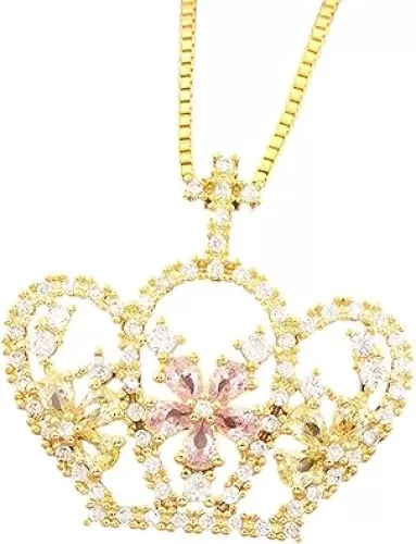 14K Gold Filled Crown Necklace For Women - Round Cubic Zirconia Crown Pendant Necklace Queen Jewelry, Kingdom Heart Crown Pendant Necklace