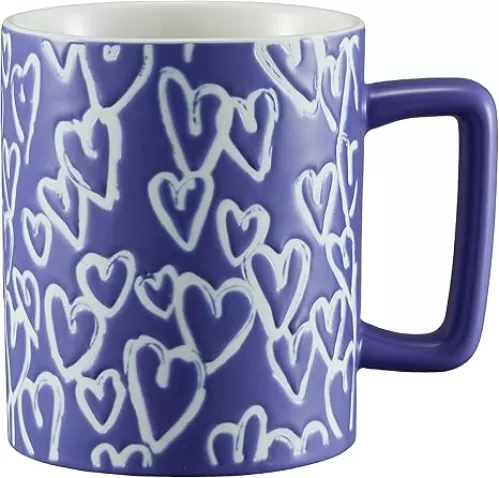 14oz/400ml Porcelain Coffee Cup, Ceramic Large Tea Cup Milk Mug, Large Capacity Belly Mug with Heart Shaped Pattern Design, Use for Latte, Cappuccino, Gifts for Couple, Dishwasher&Microwave Safe(Blue)