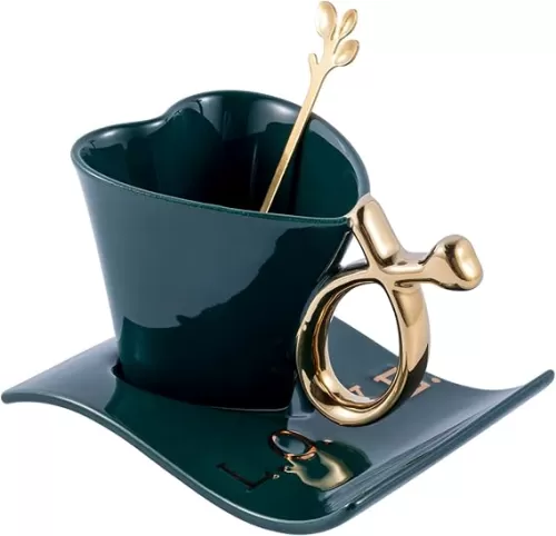160ml Ceramic coffee cup and Saucer set with Spoon Heart shaped special tea cups (Green)
