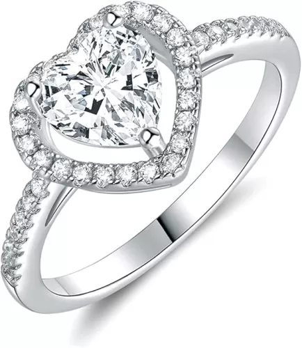 18K White Gold Plated Heart Cubic Zirconia Rings for Women Wedding Promise Engagement Size 5-10