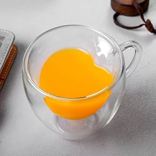 2 Pack Double Wall Heart Shaped Glass Coffee Mugs, 10 oz Double Layer Heart Cup with Handle Unique Drinking Water Cup for Coffee, Cappuccino, Latte, Milk