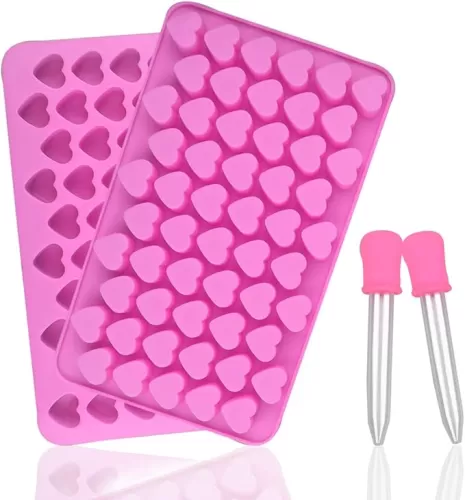2 Pack Silicone Mini Heart Molds with 2 Droppers - Ice Cube, Gummy, Chocolate & Soap Molds - Pink