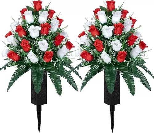 2 Sets Artificial Cemetery Flowers, Outdoor Grave Decorations Roses, Beautiful Arrangements Bouquet with Cemetery Vase, Lasting and Non-Bleed Colors (White+Red)