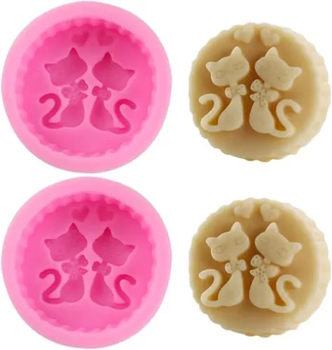2Pcs Two Cat Lovers with Bows Hearts Shaped Silicone Soap Mold Handmade Lotion Bar Soap Making Molds