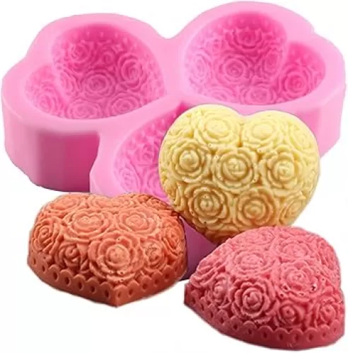 3-Cavity Heart Shaped Rose Flower Silicone Mold for Soap, Lotion Bar, Bath Bomb, Candle
