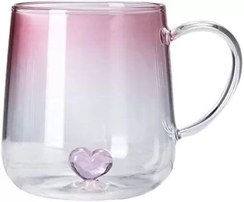 3D Heart Design Drinking Glasses Cup Mug, Pink Gradient Glassware for Coffee Juice Milk Water 17oz / 500ml