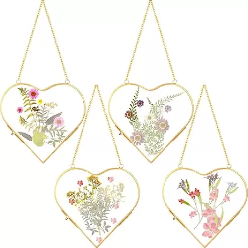 4 Pcs Glass Pressed Flower Frame Hanging Double Glass Pressed Flowers Modern Heart Picture Geometric Clear Floating Frames for Home DIY Wall Decor