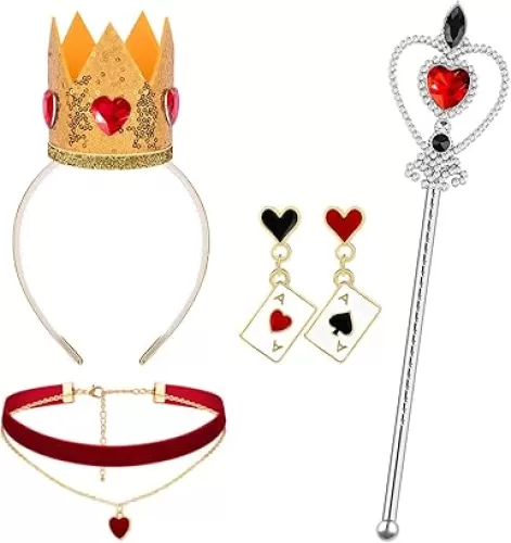 4 Pcs Halloween Queen Costume Accessories Set Red Gem Hearts Crown Headband Heart Necklace Rhinestone Queen Wand and Poker Clock Earrings for Women Halloween Party Dress Up