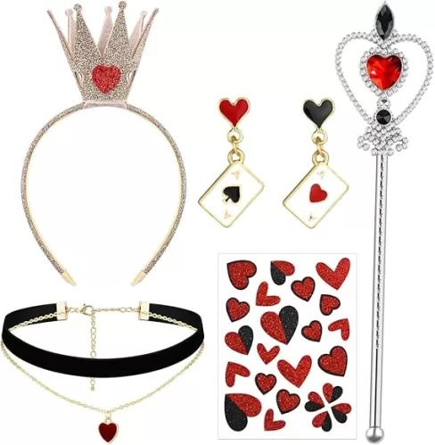 4 Pcs Queen Costume Accessories Valentine's Day Party Accessories Gold Crown Headband Heart Rhinestone Scepter Wand Red Heart Dangle Earrings Necklace