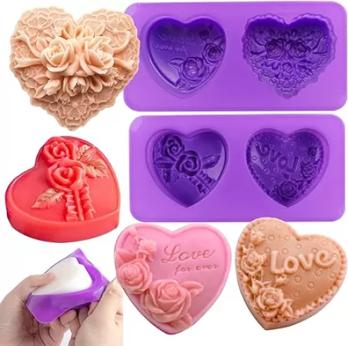 4 Types Rose Heart Soap Silicone Mold 3D Flower Love Shape Fondant Mold Handmade Cake Chocolate Candy Resin Candle Soap Beeswax Floral Craft Valentine