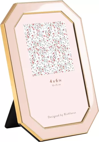 4x6 Enamel Picture Frame with HD-Tempered Glass, Octagon Photo Frame with Gold Metal Edge and Velvet Back for Tabletop and Wall Mount Display, Pink