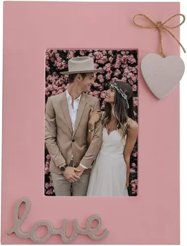4x6 Love Picture Frame Pink Vertical with Silver Heart for Table Top and Wall Mounting-Distressed Wooden Photo Frame HD Glass Inside (pink3)