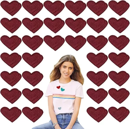 50 Pcs Burgundy Small Heart Iron on Patches, Sew Embroidered Patches Appliques Iron on Heart Patches for Clothing Jackets Backpack Shoes Repairing Decorations