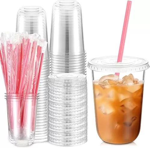 50 Sets 16 oz Clear Plastic Cups with Heart Shaped Pink Straws and Lids, Disposable Iced Coffee Cups Drinking Pet for Cold Drinks, Wedding, Bridal Shower, Baby Showers, Party(Clear)