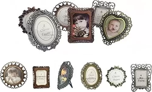 6 Pcs One-Inch Vintage Picture Frame Set with Randomly Assorted Colors with Plastic Storage Box, Tiny Metal 1" x1 1/2" Antique Mini DIY Photo Frame in Heart Oval Round Rectangular Shapes