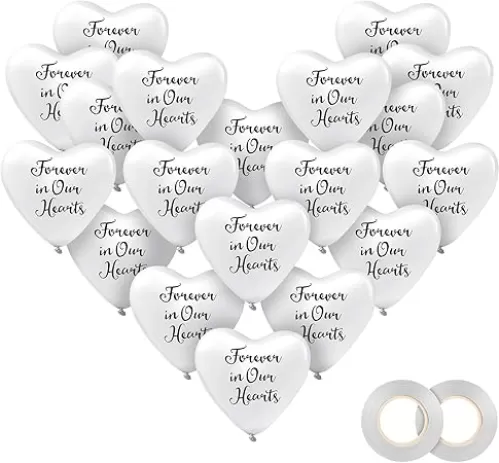 60 Pieces Memorial Balloons Funeral Hearts Shape Remembrance Latex Balloons with 2 Rolls White Ribbons for Rfuneral, Condolence, Funeral, Anniversary, Memorial Decoration, White