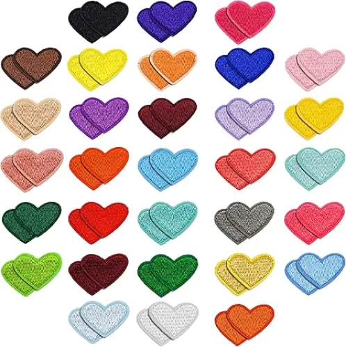 62 Pcs Heart Iron On Patches - Mini Small Clothing Patches for Hats, Dress, Jeans, DIY Backpack - Embroidered Sew On Applique Decals