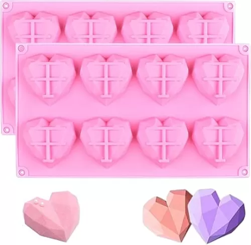 8-Cavity Diamond Heart Silicone Molds Valentine’s Day Chocolate Candy Mousse Cake Bomb Molds for Baking Heart Shaped Soap Making Mold