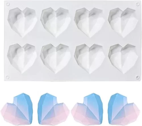 8 Grid Diamond Heart Silicone Cake Chocolate Mold Silicone Baking Pan Mold for DIY Cake Mousse Dessert 3D Diamond Love Heart Shaped Mould for Candy Fondant Ice Cream Soap Cupcake Cheesecake Jelly