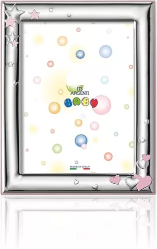 .925 STERLING SILVER Picture Frame 'HEARTS and STARS' (3.5" x 5)". Made in Italy (PINK)