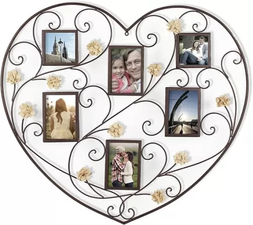 Adeco Decorative Black Iron Heart-Shape Picture Frame Collage with Scroll and Burlap Flower Design, 6 Openings, 4x6, 4x4 Halloween Christmas New Year Gift Home Decor