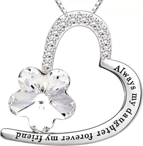 ALOV Jewelry Sterling Silver "Always my daughter forever my friend" Love Heart Crystal Cubic Zirconia Pendant Necklace