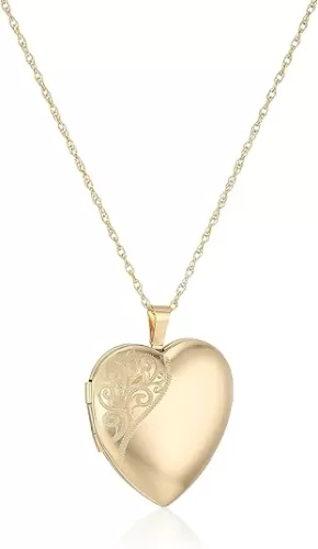 Amazon Essentials 14k Gold-Filled or Silver Large Satin and Polished Finish Hand Engraved Heart Shaped Locket Necklace (previously Amazon Collection)