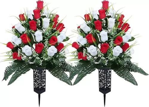 Artificial Flowers for Cemetery, 2 Sets 48 Heads Artificial Rose Bouquet Graveyard Memorial Silk Flowers for Cemetery Flower Arrangement with Vase for Headstone Decor Outdoor (Red & White)