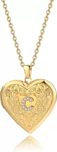 Badu Gold Initial A-Z Necklace for Women Heart Photo Lockets that Hold Picture Love Image Cubic Zirconia Necklace
